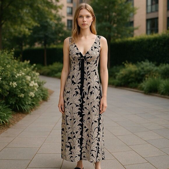 London Times Size 8 Maxi Dress Black White Sleeveless Floral Jersey Stretch - Picture 1 of 11
